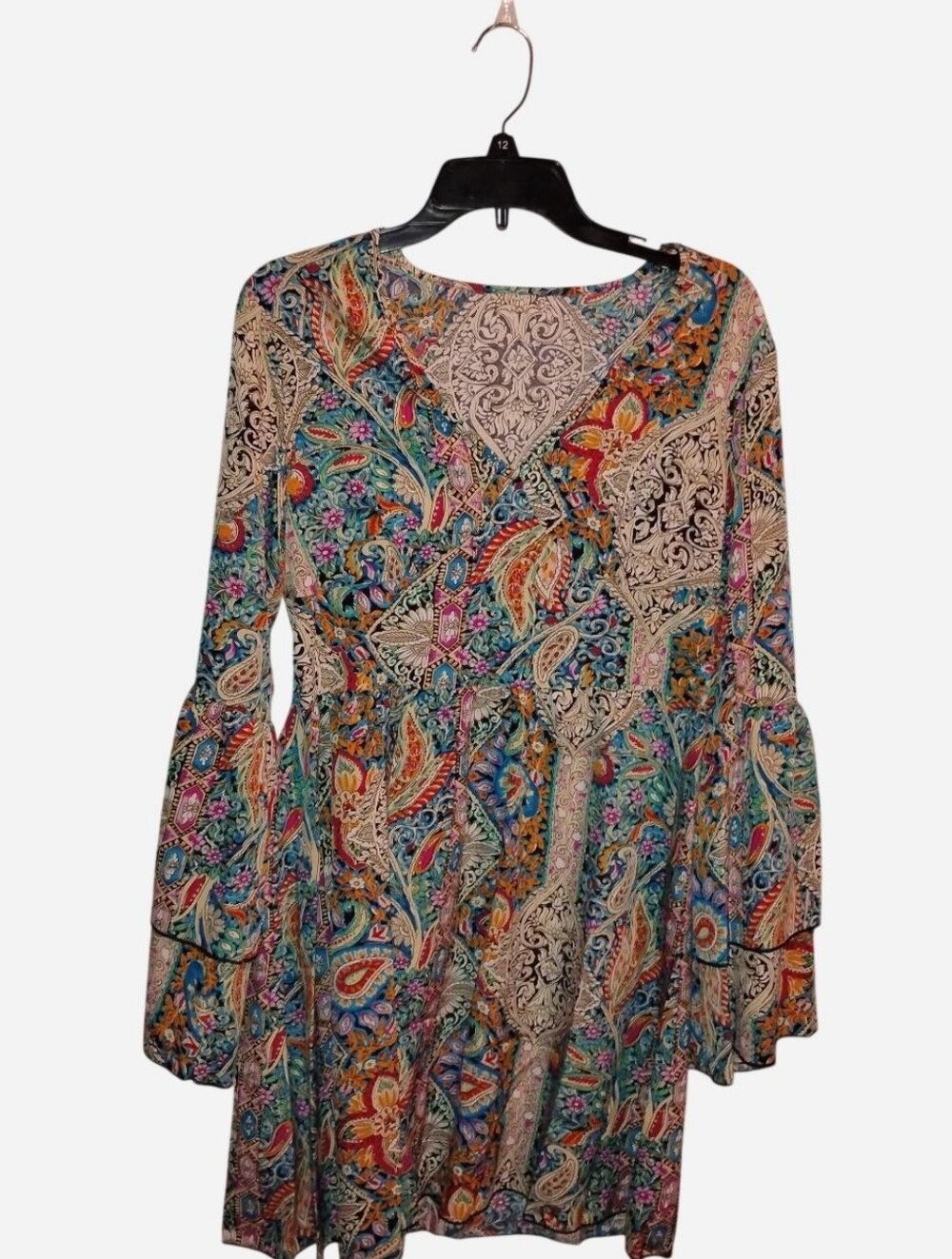 Bohemian Patchwork Paisley V-Neck Dress with Flare Sleeves - Small